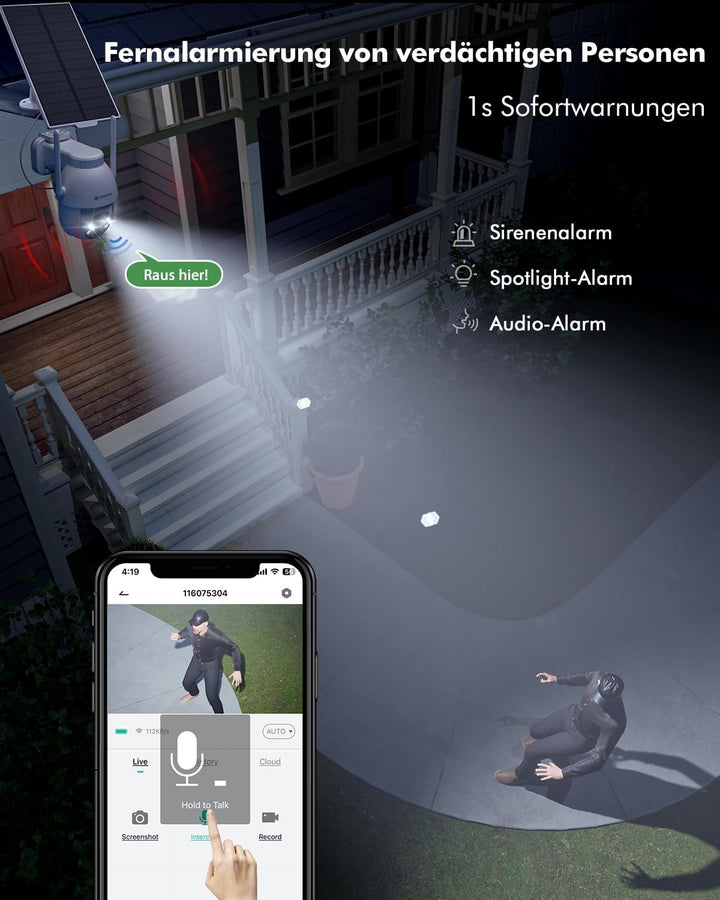 YESYAMO 2K 3MP Überwachungskamera Aussen Solar, 360° PTZ Kamera Aussen Akku | 2.4GHz Kabellos Überwa
