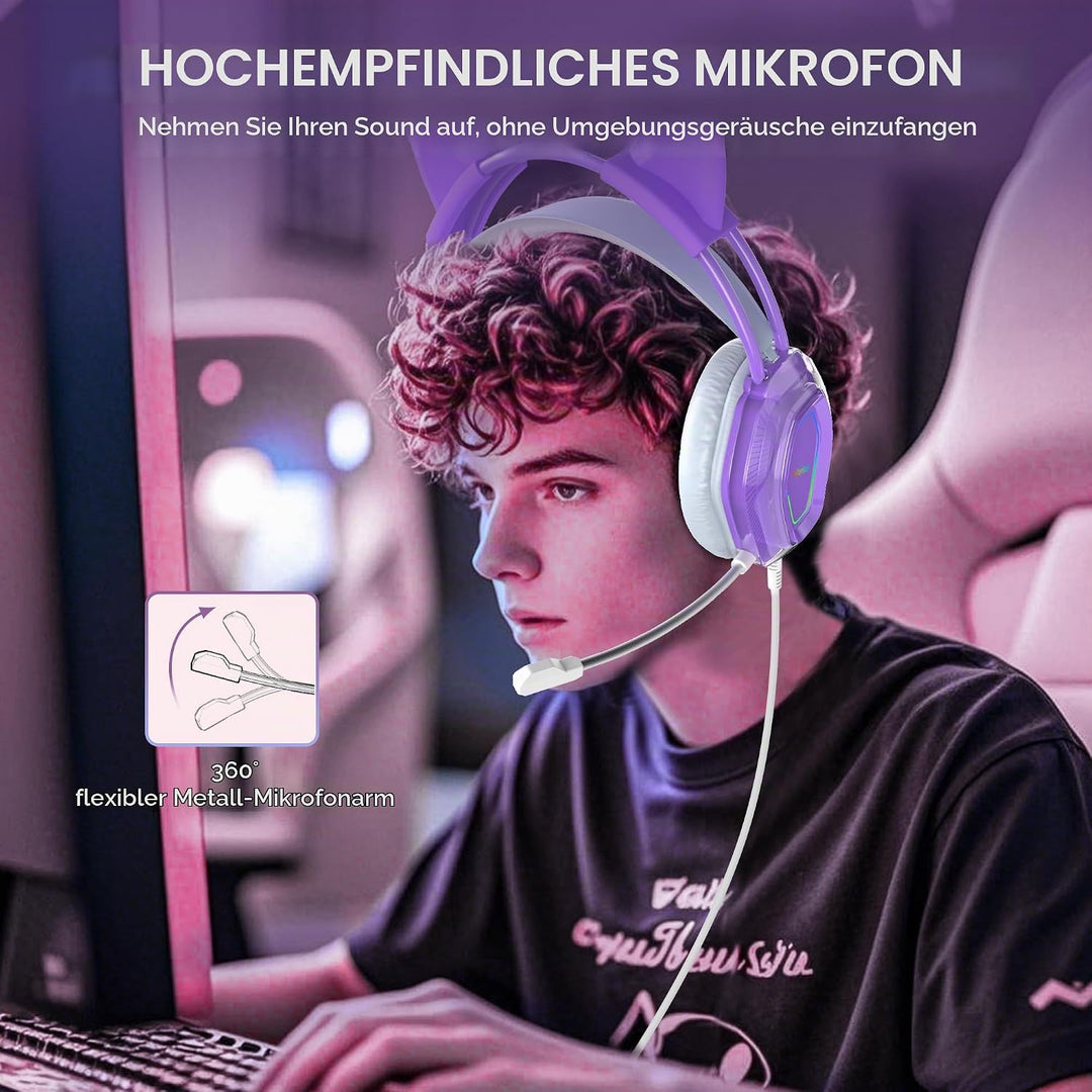 Wantak Katzenohr Kopfhörer mit Mikrofon – Kabel (3,5mm/USB) – Gaming Headset für PC/PS5/Xbox – Noise