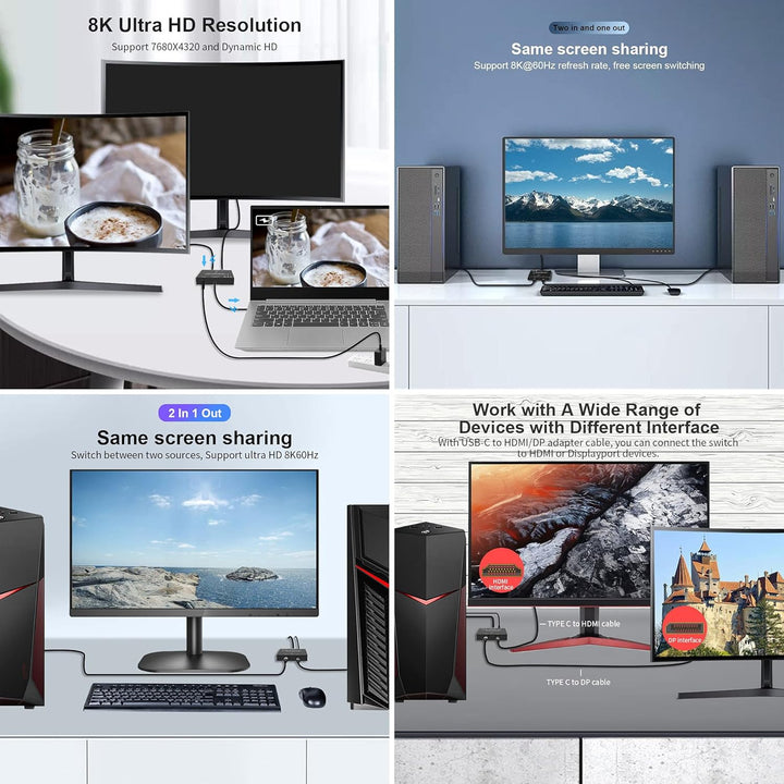 cablecc USB-C Bi-Direction Switch MST 1 zu 2 Hub unterstützt Videodaten PD 8K @ 30Hz 100W 10Gbps mit