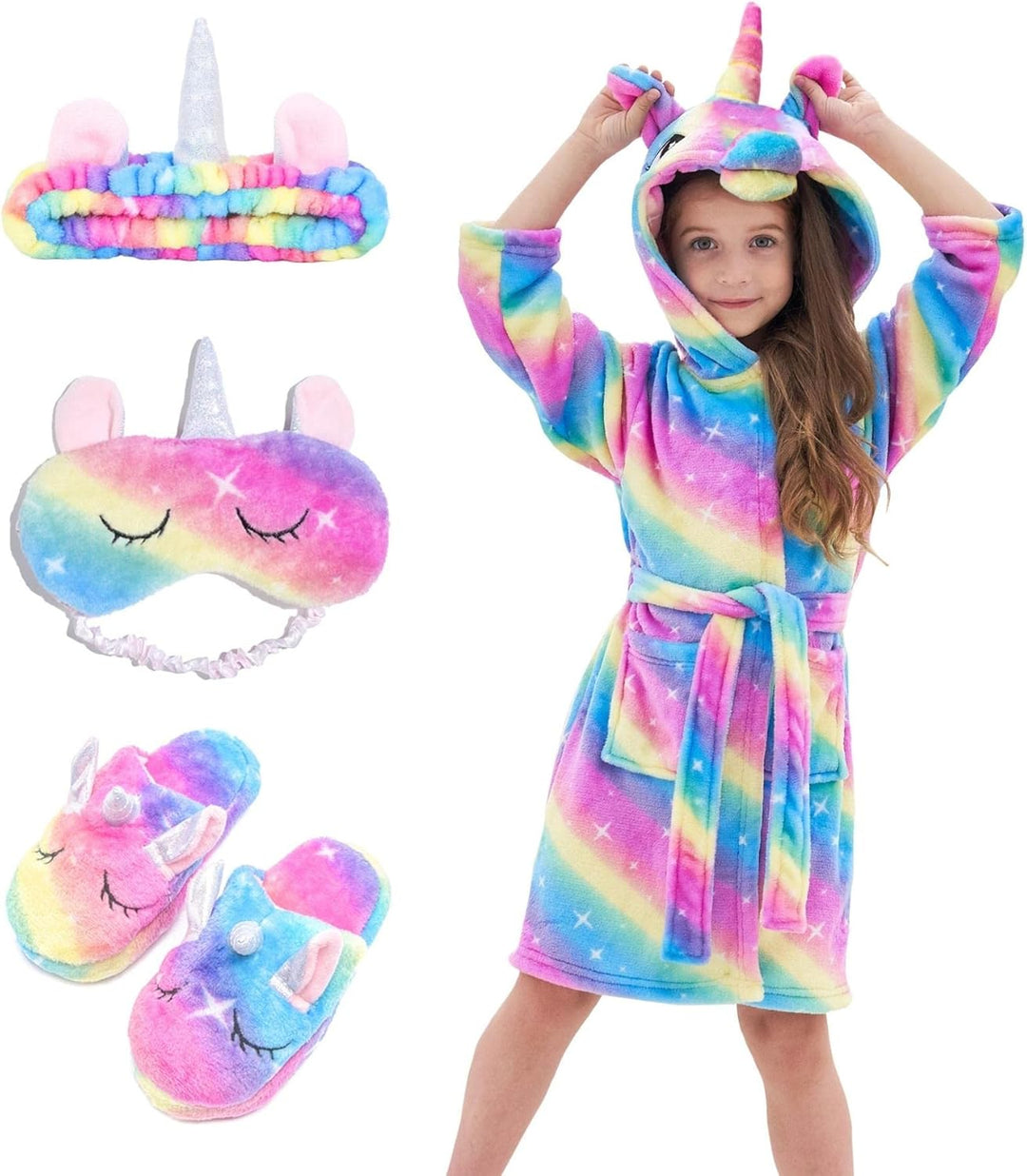 Piefry Weicher Einhorn-Bademantel mit Kapuze für Mädchen mit Einhorn-Pantoffeln, Augenbinde und Stir