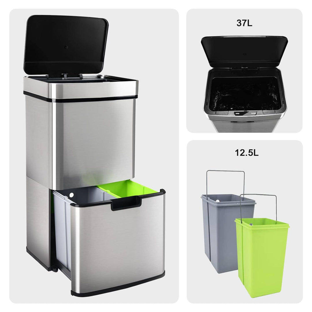 Gardtech Mülleimer Küche mit Sensor 62 Liter, Automatisch Edelstahl Abfalleimer mit 3 fächer Mülltre