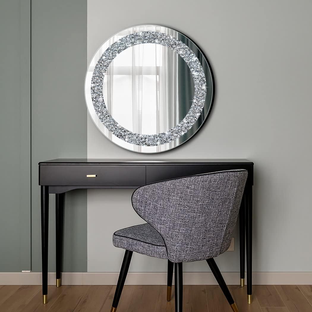 QMDECOR Crystal Crush Diamond Sparkly Round Silver Mirror for Wall Decoration 50,8 x 50,8 x 2,5 cm W