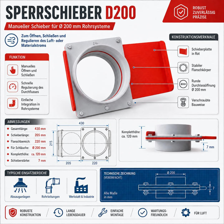 GENERISCH Absperrschieber Absauganlage | 200mm Durchmesser | BlastGate D200 mit manuellem Sperrschie