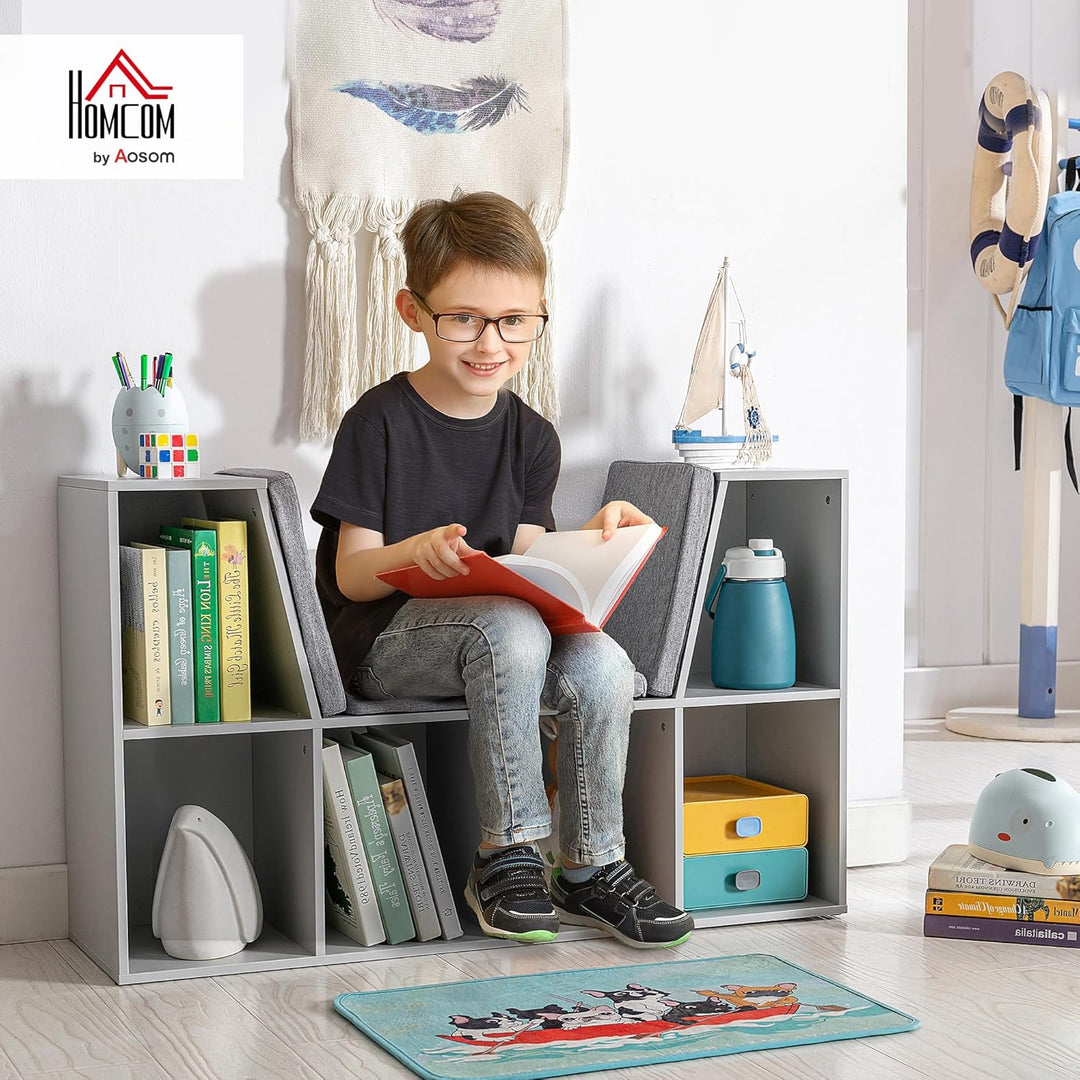 HOMCOM Bücherregal Kinder Kinderregal mit Sitzhocker 6 Fächern 3 Kissen Spielzeugregal Kinderbücherr