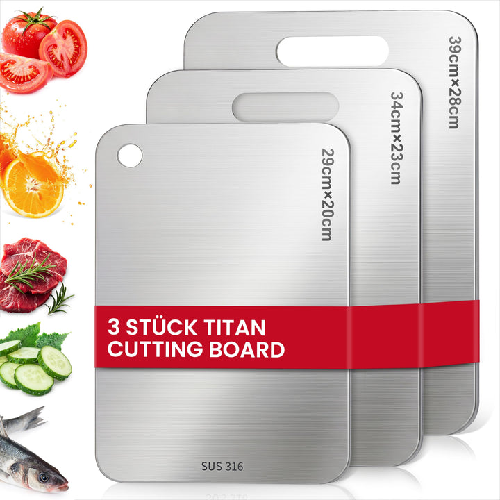 Titan Schneidebrett Set 3 Stück - S316 Edelstahl Schneidebrett, Titanium Cutting Board, Doppelseitig