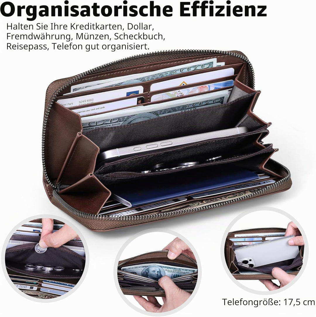 VISOUL Geldbörse aus echtem Leder, lange Geldbörse mit Reissverschluss, für Herren, mit RFID-Blockie