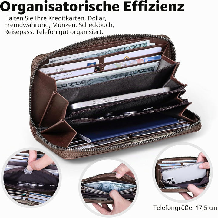 VISOUL Geldbörse aus echtem Leder, lange Geldbörse mit Reissverschluss, für Herren, mit RFID-Blockie