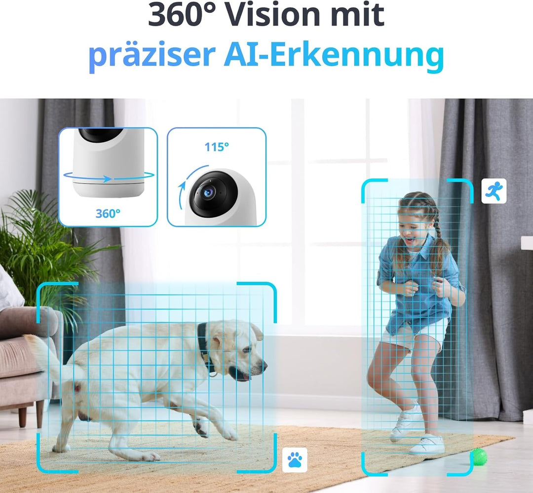 SwitchBot 2K Überwachungskamera innen, WLAN Kamera Überwachung innen mit 360°/115° Sichtfeldabdeckun