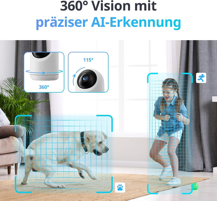 SwitchBot 2K Überwachungskamera innen, WLAN Kamera Überwachung innen mit 360°/115° Sichtfeldabdeckun