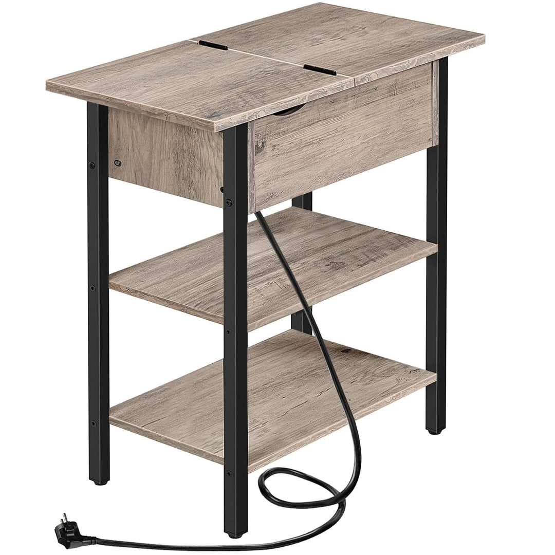 HOOBRO Beistelltisch, Flip-Top Sofatisch mit Ladestation und Ablagefläche, Schmaler Nachttisch für k