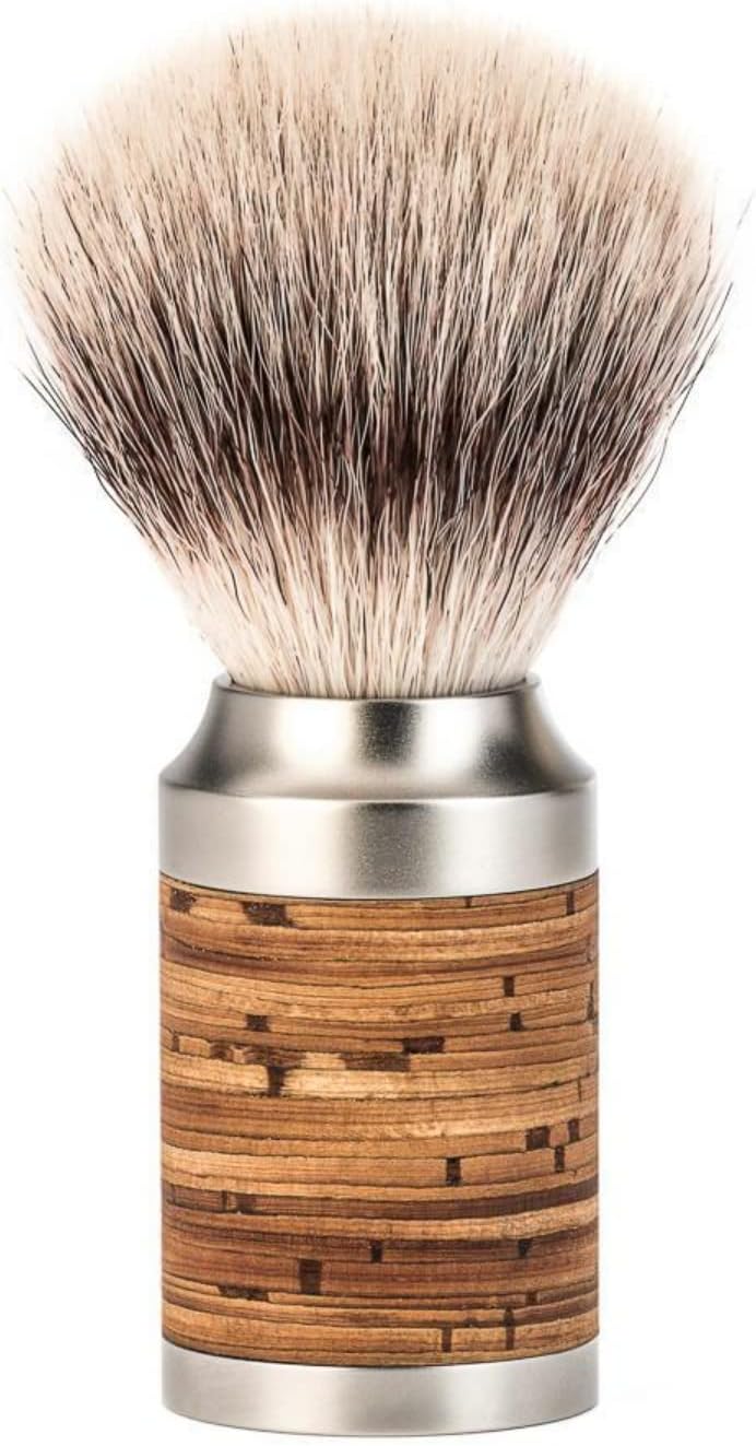 MÜHLE Rocca Rasierset - Silvertip Fibre Pinsel, Rasierhobel, Halter - Griffe aus Edelstahl und Birke