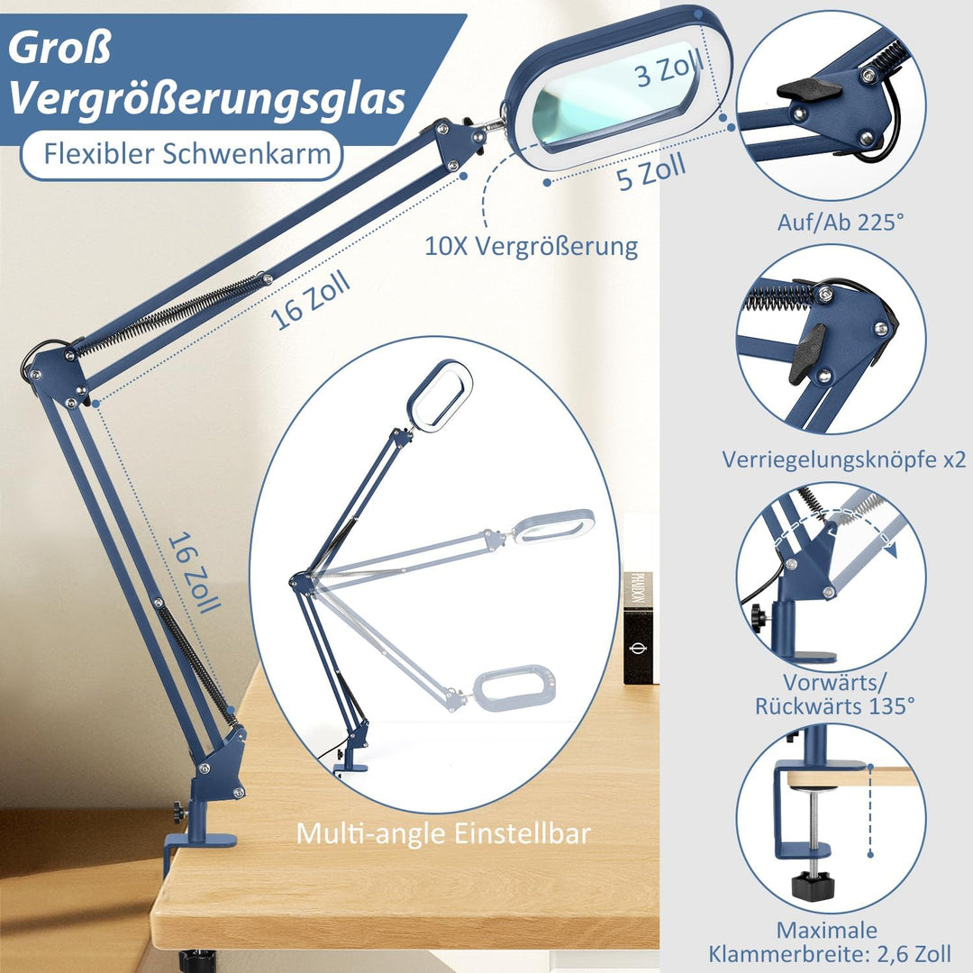 Veemagni 10X Echtes Glas Rechteckige Lupe mit Licht und Klemme, Leselupe 5 Farbmodi Stufenlos Dimmen