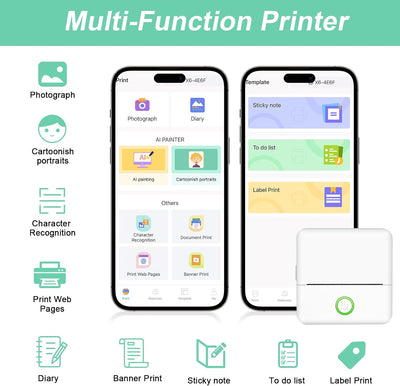 GuKKK Mini Drucker, Mobiler Fotodrucker, Tragbarer, Wireless Thermodrucker, mit 13 Rollen Druckerpap