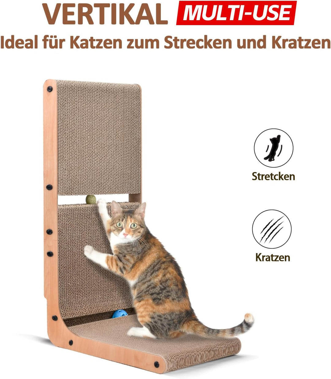 AUSCAT Kratzbrett Katzen mit Katzenspielzeug, 69 cm hohe L förmige Kratzpappe für Katzen mit 2 einge