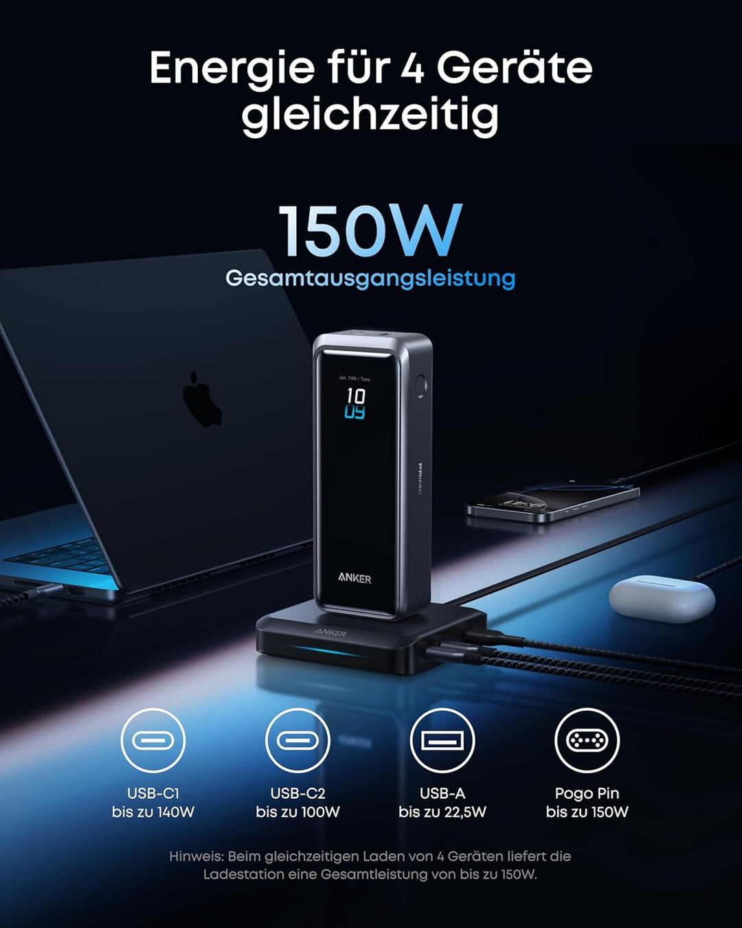 Anker Ladebasis, max. 150W Schnellladung mit 3 Ports für die Anker Prime Powerbank, kompatibel mit M