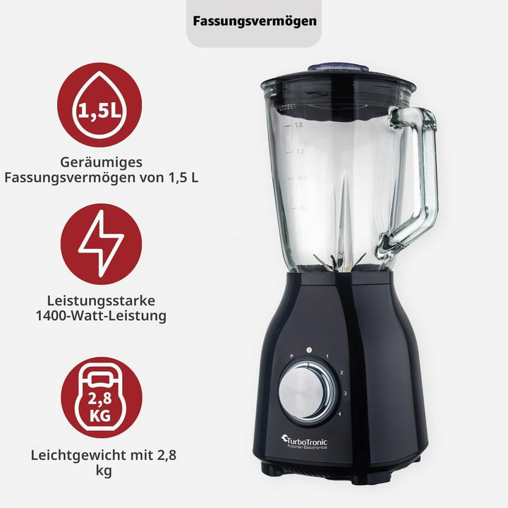 1400 Watt Standmixer mit Glasbehälter 1,5 Liter, BPA-frei, 6 Edelstahl-Klingen, Smoothie Maker, Blen