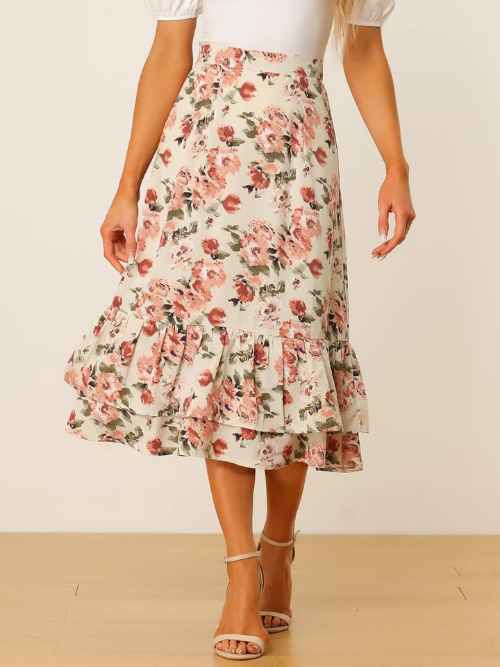 Allegra K Bedruckter Damenrock, Chiffon, elastische Taille, Rüschen, gestuft, fliessend, Midi-Röcke