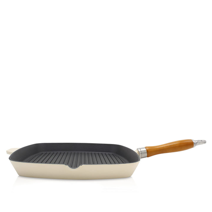 KRÜGER Gusseisen-Grillpfanne mit Holzgriff - 28 x 28 cm - emailliert - hohe Hitzebeständigkeit und l