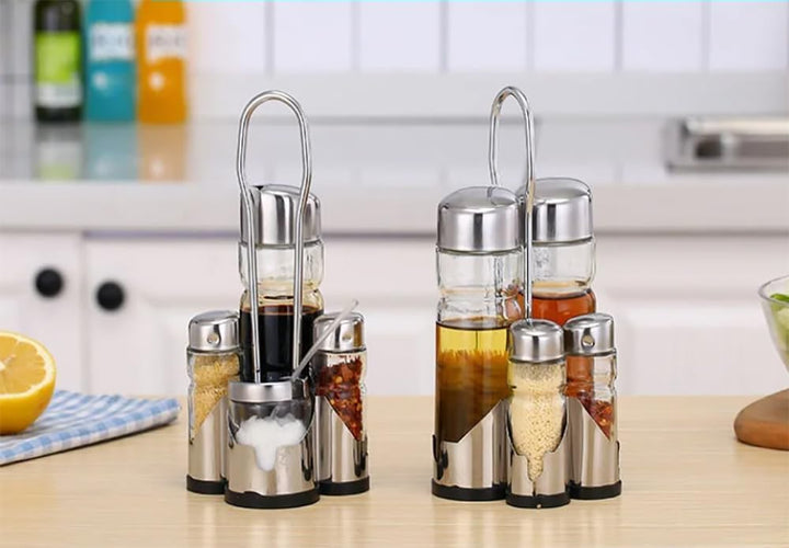 Essig und Öl Spender Set - 2 x 175 mL Glasflaschen und Metallhalterung mit Salz- und Pfefferstreuer