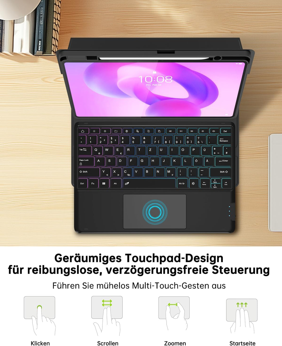 ROOFEI für Lenovo Idea Tab Plus 12,1 Zoll 2025 Hülle mit QWERTZ Tastatur - Regenbogen-Hintergrundbel