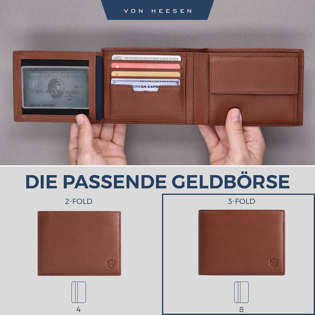 VON HEESEN Leder Geldbörse Herren mit RFID Schutz I Echtleder Geldbeutel für Männer I Münzbörse Port