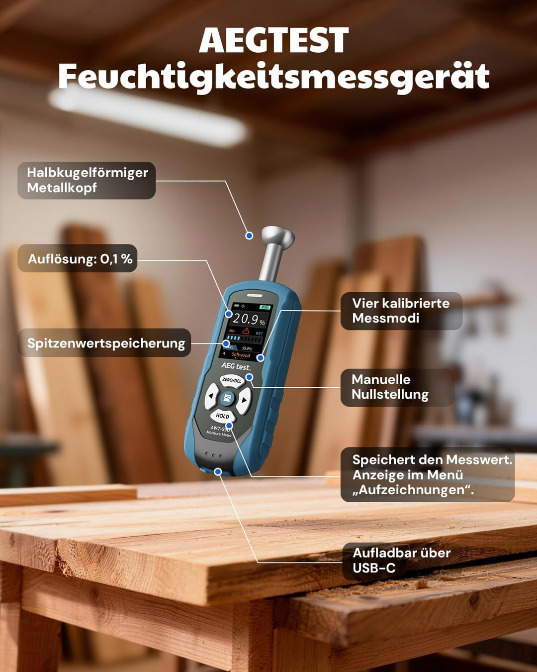 AWT-590 wiederaufladbares Feuchtemessgerät Mauerwerk, Feuchtigkeitsmessgerät Wand, Halbkugel Feuchti