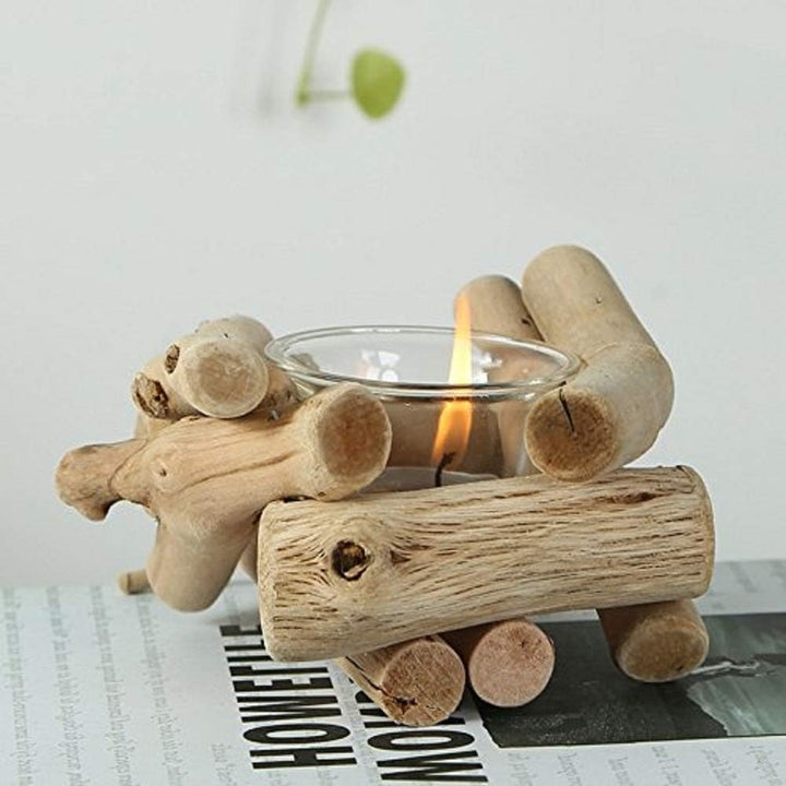 Sziqiqi Rustikale Kerzenständer Teelichthalter Holz 2er Set, Kerzenhalter Vintage mit Glas Tasse Win