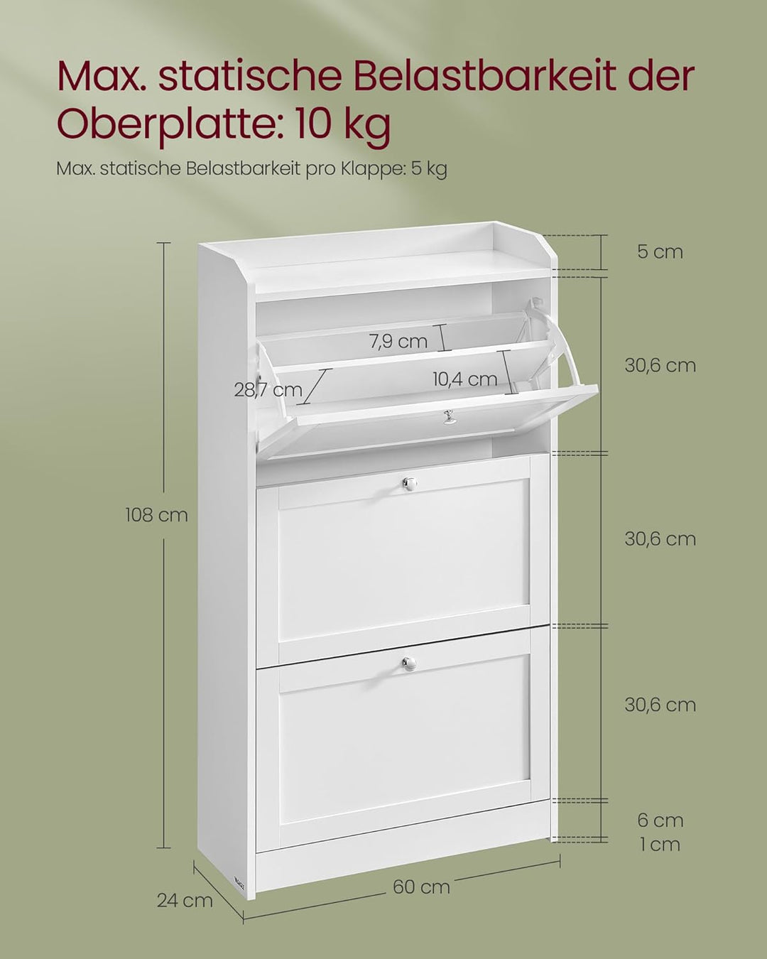 VASAGLE Schuhschrank 3 Klappen, Schuhkipper, Schuhregal, Schuhaufbewahrung, Oberplatte, Trennwand ve