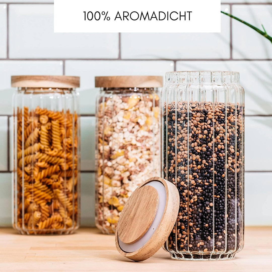 Econovo® Vorratsgläser mit Deckel geriffelt (1000ml | 3-tlg.), stapelbar und luftdicht, Vorratsbehäl