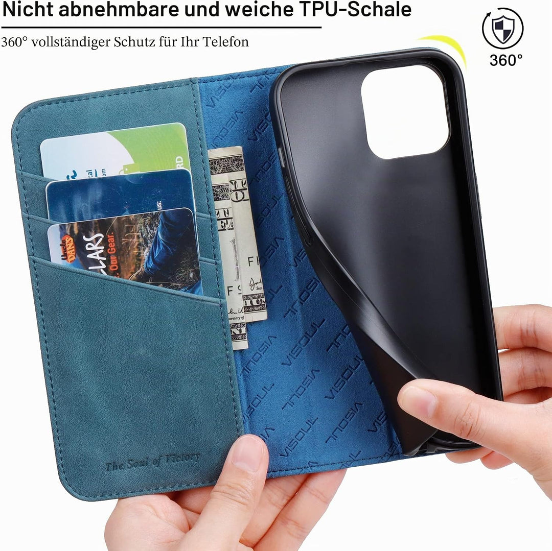 VISOUL Hülle für iPhone 15, Schutzhülle [Echt Leder] [Schützt vor Stoss] [Kartenfach] [Magnetverschl