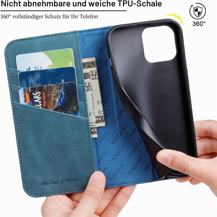 VISOUL Hülle für iPhone 15, Schutzhülle [Echt Leder] [Schützt vor Stoss] [Kartenfach] [Magnetverschl
