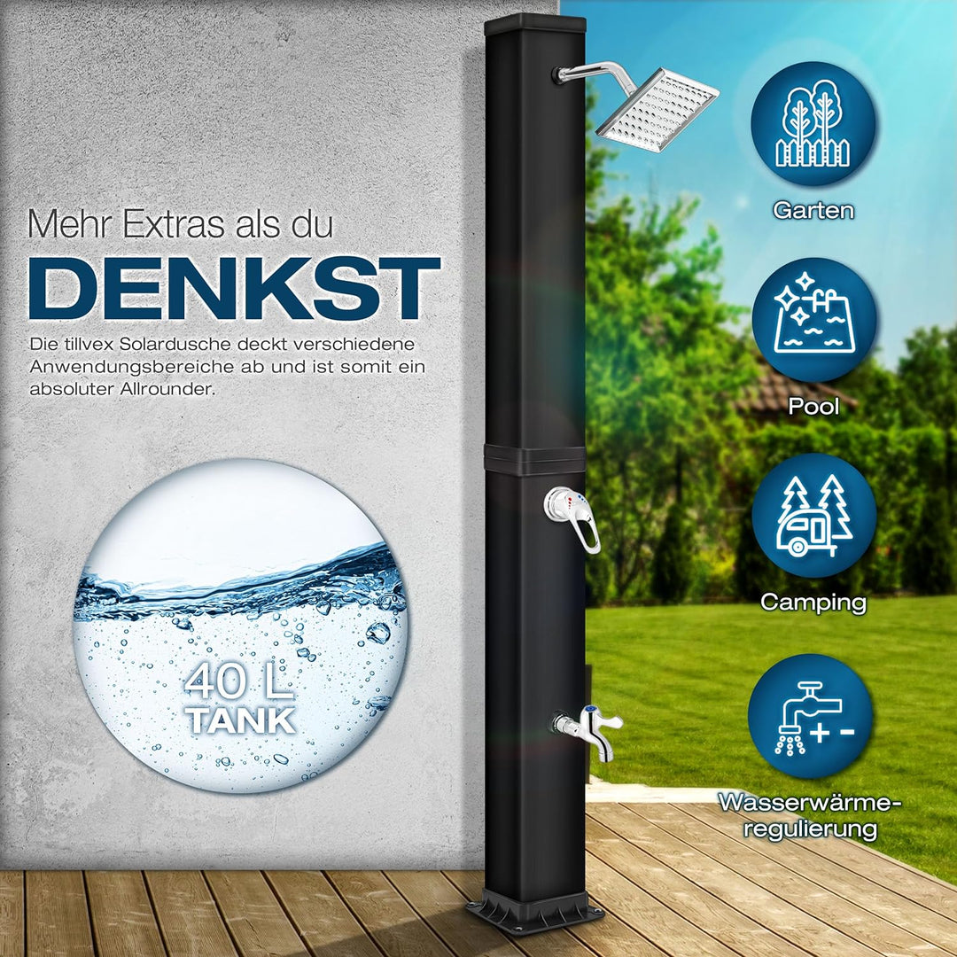 tillvex Solardusche 40 Liter inkl. Schutzhaube | Solar Garten-dusche warmes Wasser | Pooldusche Camp