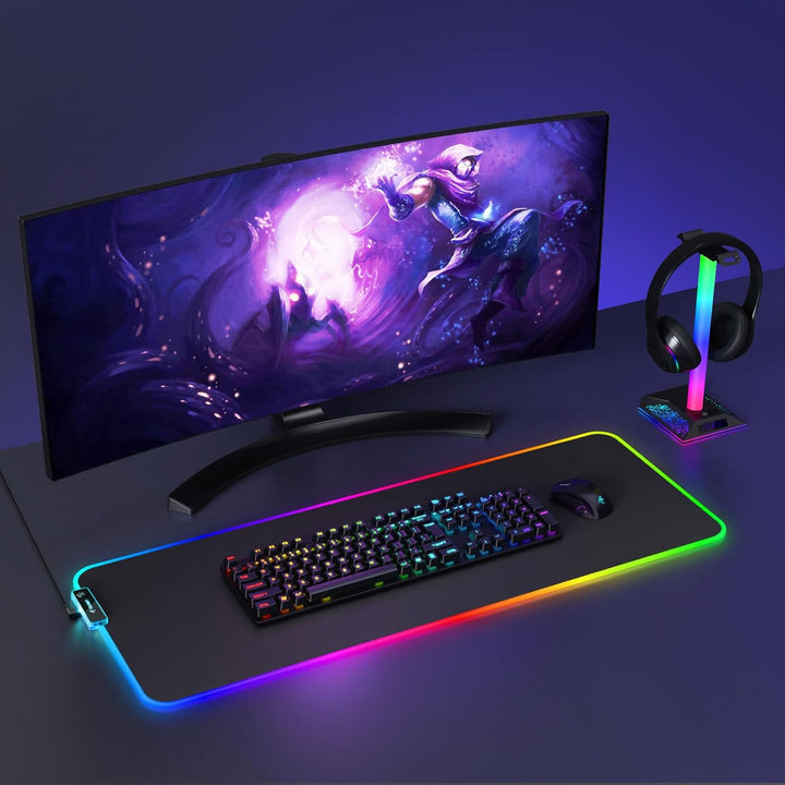 Hcman RGB Gaming Mauspad XXL - 800x300mm Mousepad mit Rutschfester Gummibasis, 7 LED Farben, 10 Bele