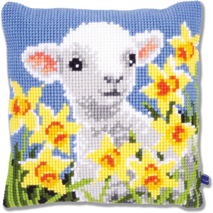 Vervaco Kreuzstichkissen Lamm Kreuzstickpackung vorgedruckt, Stramin, weiss, 40 x 40 x 0,3 cm