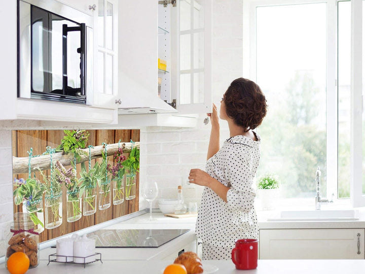 GRAZDesign Spritzschutz Küche Glas Frische Kräuter Braun Holz Optik, Küchenrückwand Glas für Herd un