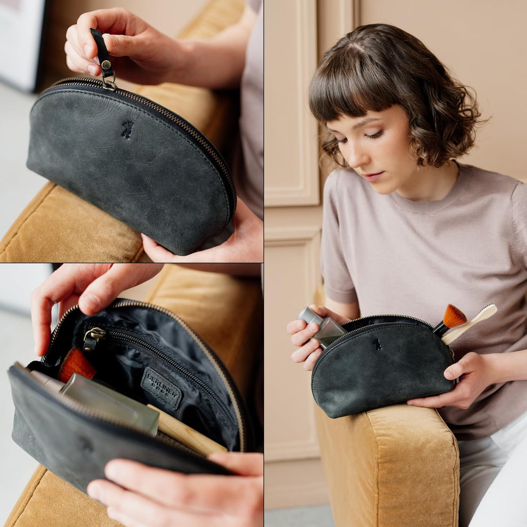 Berliner Bags Vintage Kosmetiktasche Zoe, Kulturtasche aus Leder, Schminktasche und Federmäppchen, f