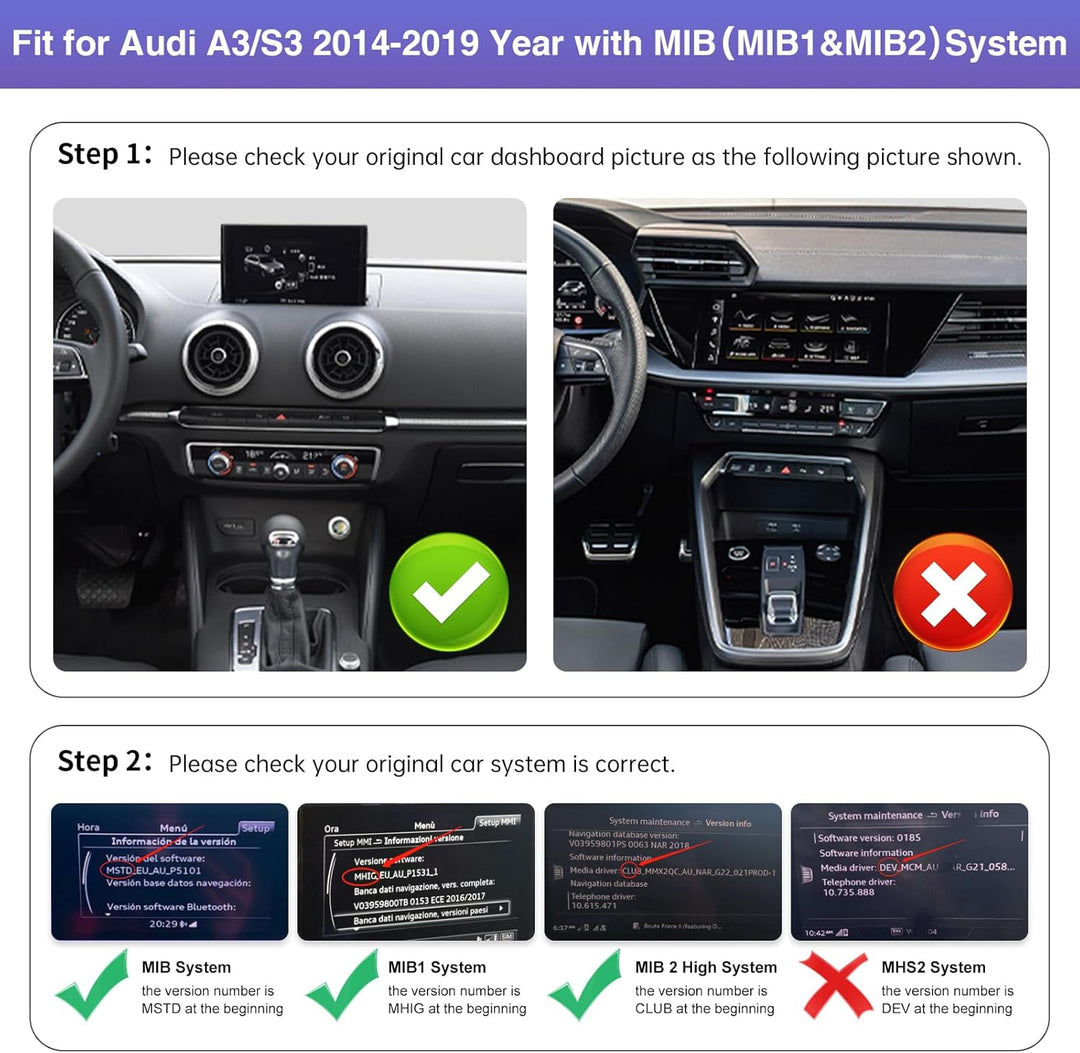Road Top 12,3 Zoll Autoradio CarPlay für Audi A3/S3 mit MIB (2014-2019) | Linux HD Touchscreen, Wire