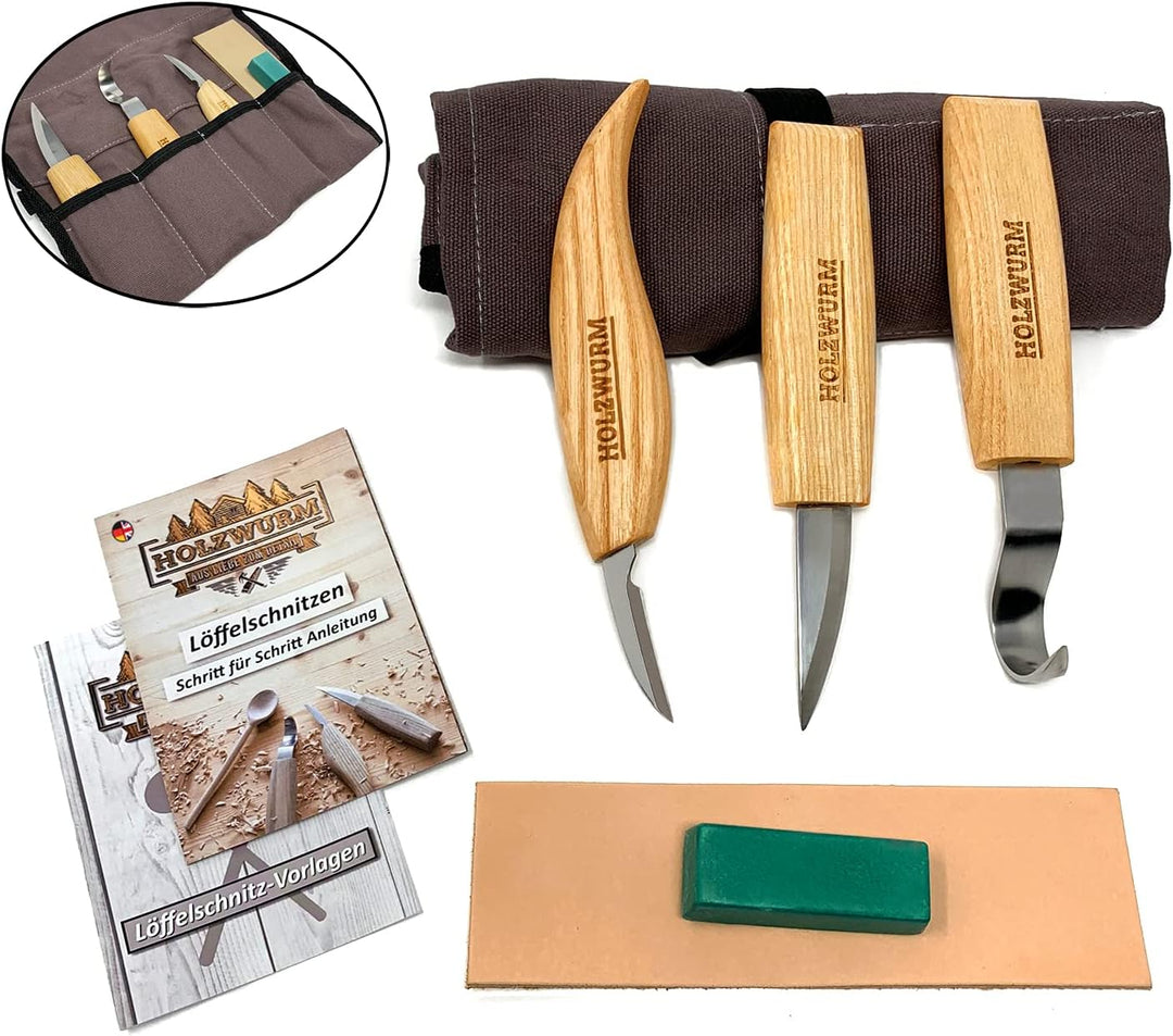 Holzwurm Holz Schnitzmesser-Set inkl. Tasche, Anleitung und Vorlagen, ideales Schnitzwerkzeug-Set zu