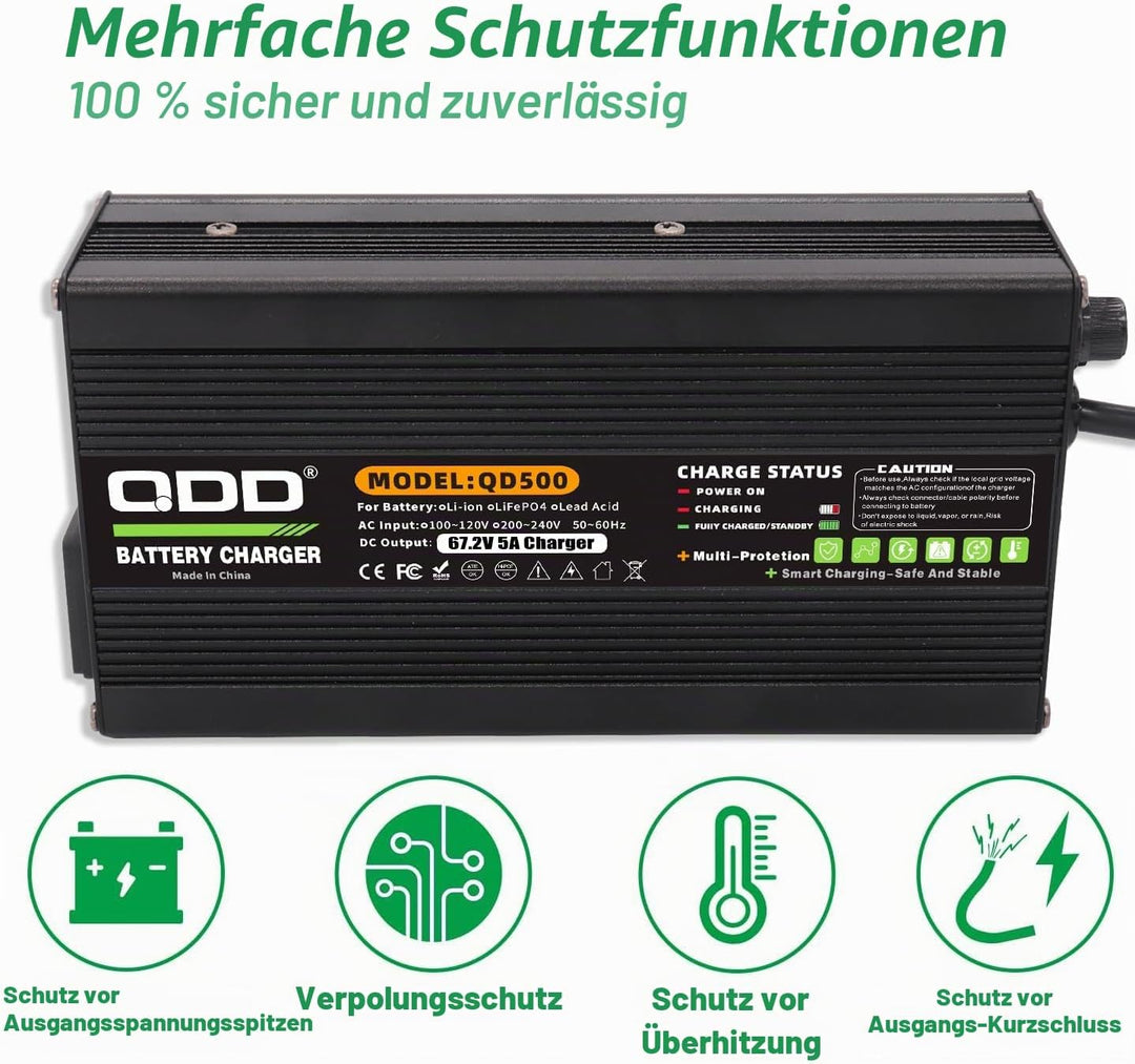 QDD 67,2 V 5 A Li-Ionen-Akku-Smart-Ladegerät mit Lüfter für 16S 60 V 15 Ah 20 Ah 25 Ah 30 Ah 40 Ah 5
