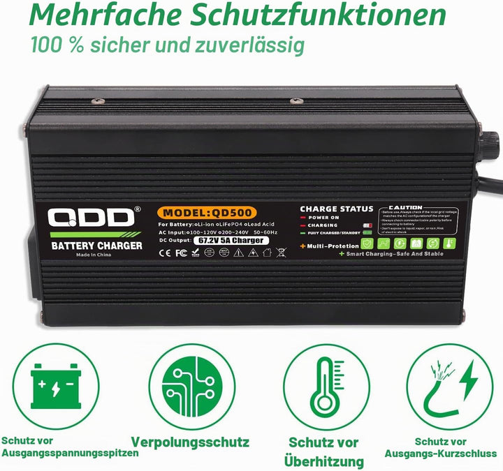 QDD 67,2 V 5 A Li-Ionen-Akku-Smart-Ladegerät mit Lüfter für 16S 60 V 15 Ah 20 Ah 25 Ah 30 Ah 40 Ah 5