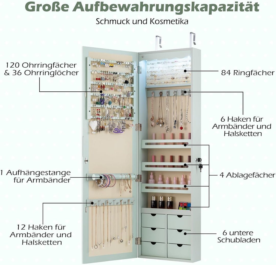 GOPLUS Schmuckschrank mit Schloss & 2 Schlüsseln, Schmuckregal mit LED-Beleuchtung, Spiegelschrank m