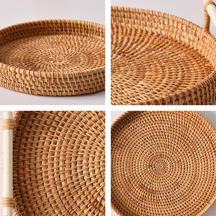 Rattan Rundes Serviertablett mit Griffen 3er-Set,Handgewebtes Rattan Tablett Wicker Tablett, Gewebte