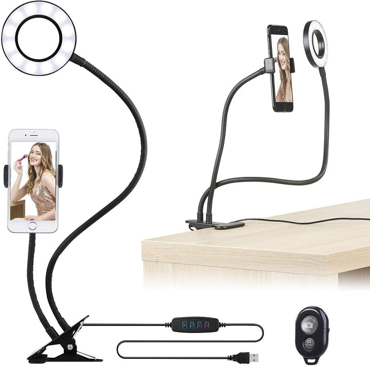 Somikon Foto Licht: USB-Ringlicht mit Smartphone-Halter & Fernauslöser, Ø 3,5" / 9 cm (LED Ringlicht