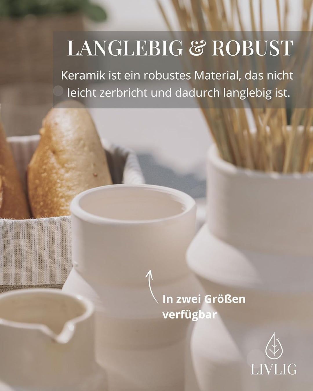 LIVLIG Handgefertigte Vase weiss, Trockenblumenvase, Keramikvase, Dekovase, Tischdeko, Bodenvase, Hö