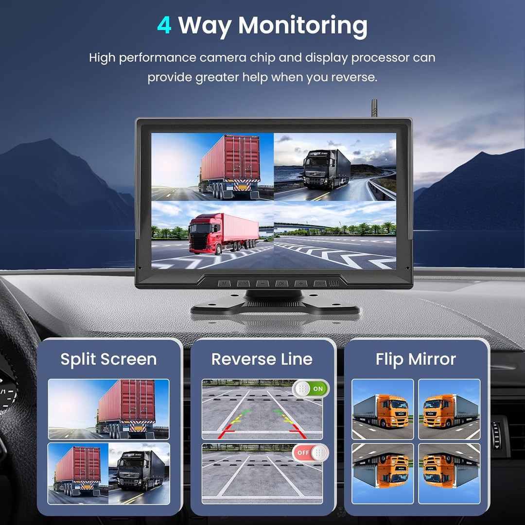 Hodozzy Digitale Kabellos Rückfahrkamera 4 Kameras,10,1 Zoll IPS HD Rückfahrmonitor mit Geteiltem Bi