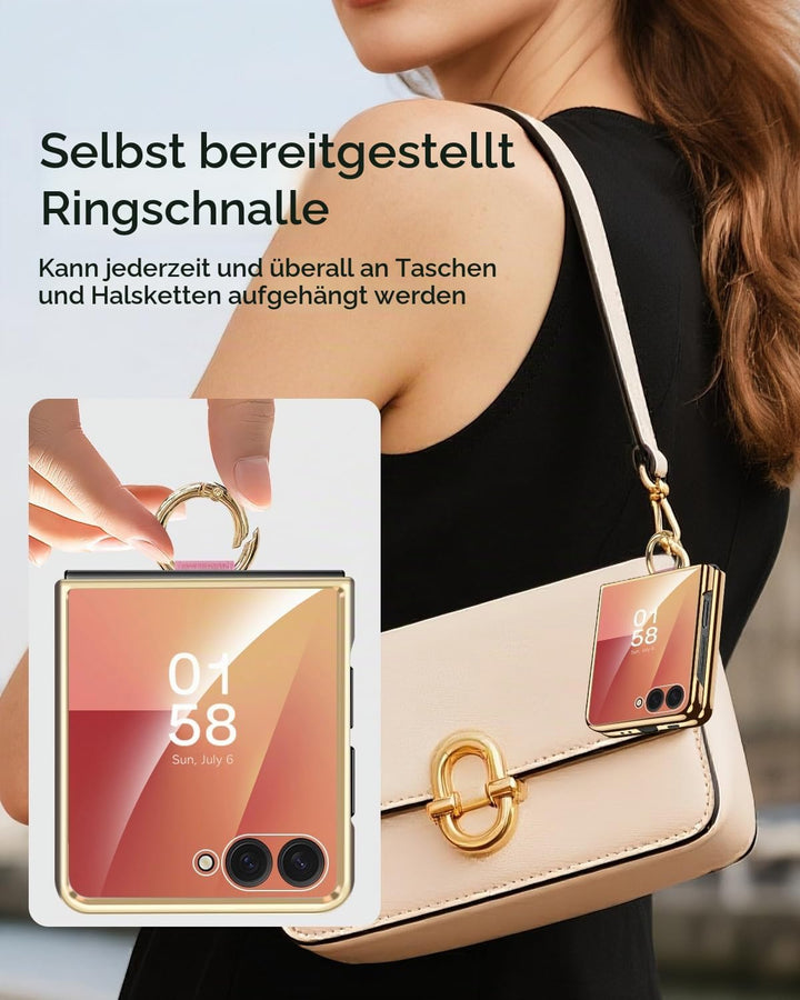 Miimall Lederhülle Kompatibel mit Samsung Galaxy Z Flip 7 Hülle mit Ring Ständer &amp; Kameraschutz [Lux