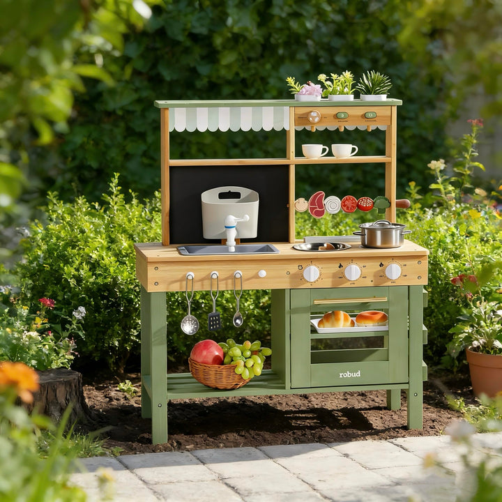 ROBUD Hölzerne Matschküche für Kinder, 17 PCS Pretend Play Kitchen Set mit Wasserspüle, Tafel & Küch