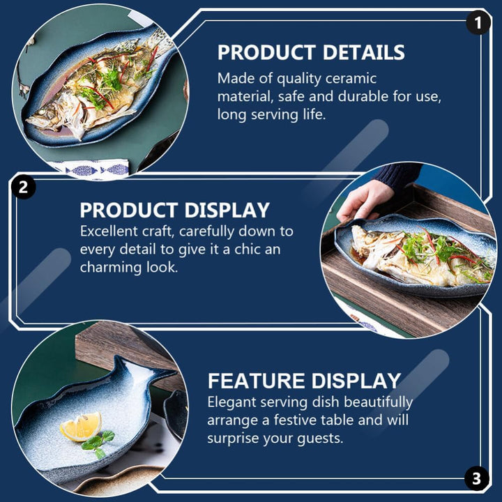 Cabilock Fischteller Keramik Fischplatte Porzellan Servierteller Fischform Lachsplatte Vorlegeplatte