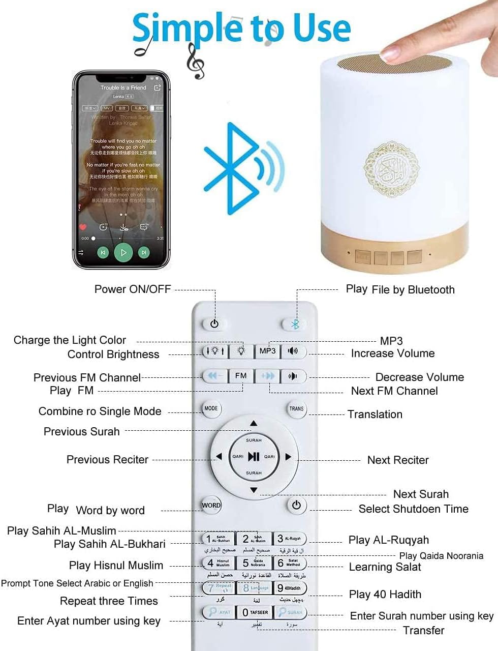 Al salama Quran Lautsprecher Lampe, Tragbare LED Bluetooth Touch Nachtlicht mit Fernbedienung &APP,