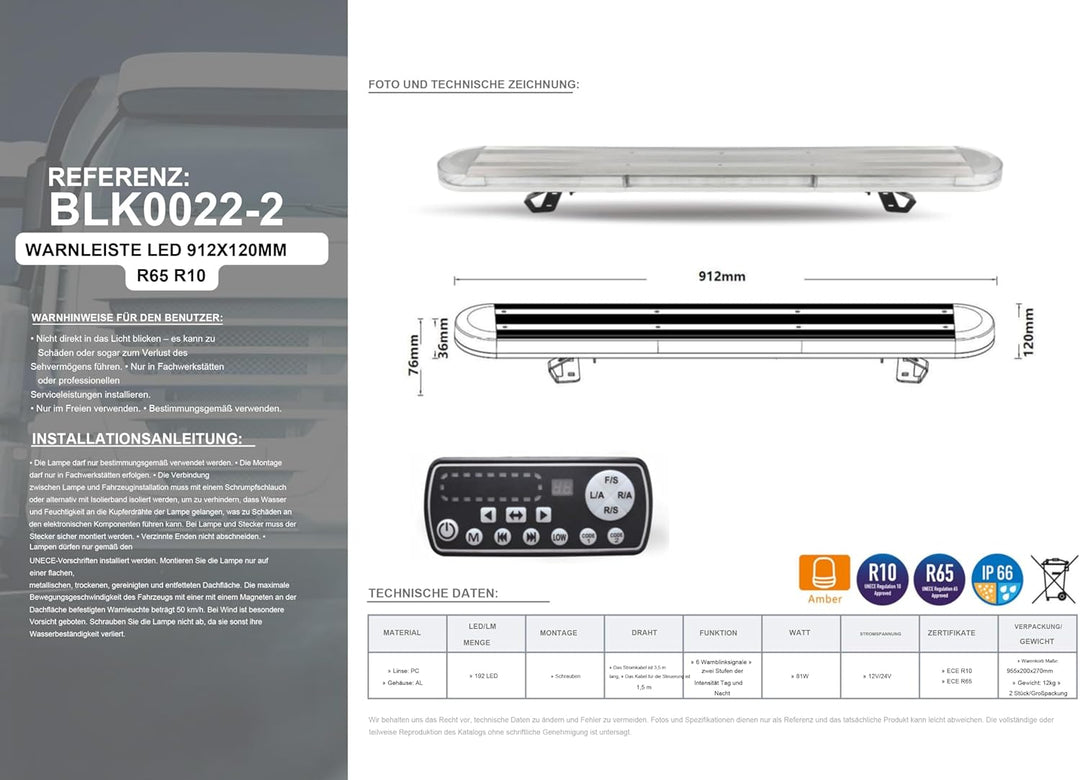 LED Warnbalken Warnleuchte Leuchtbalken Dachbalken 1010 mm mit Fernbedienung